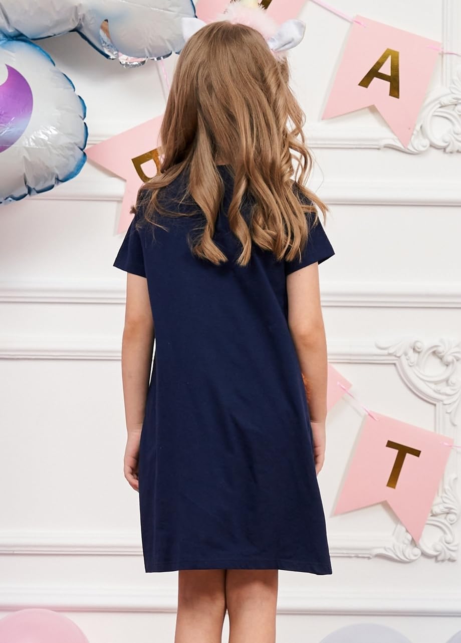 RETSUGO Vestito da bambina a trapezio carino unicorno arcobaleno modello manica corta casual bambina abiti per feste 1-8 anni