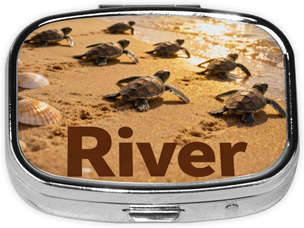 Personalized Pill Case with Sea Turtle Beach Art, Custom Name Small Pill Organizer for Purse, Travel Medicine Box with Mirror, Unique Nature Lover Gift for Women Mom - River Style