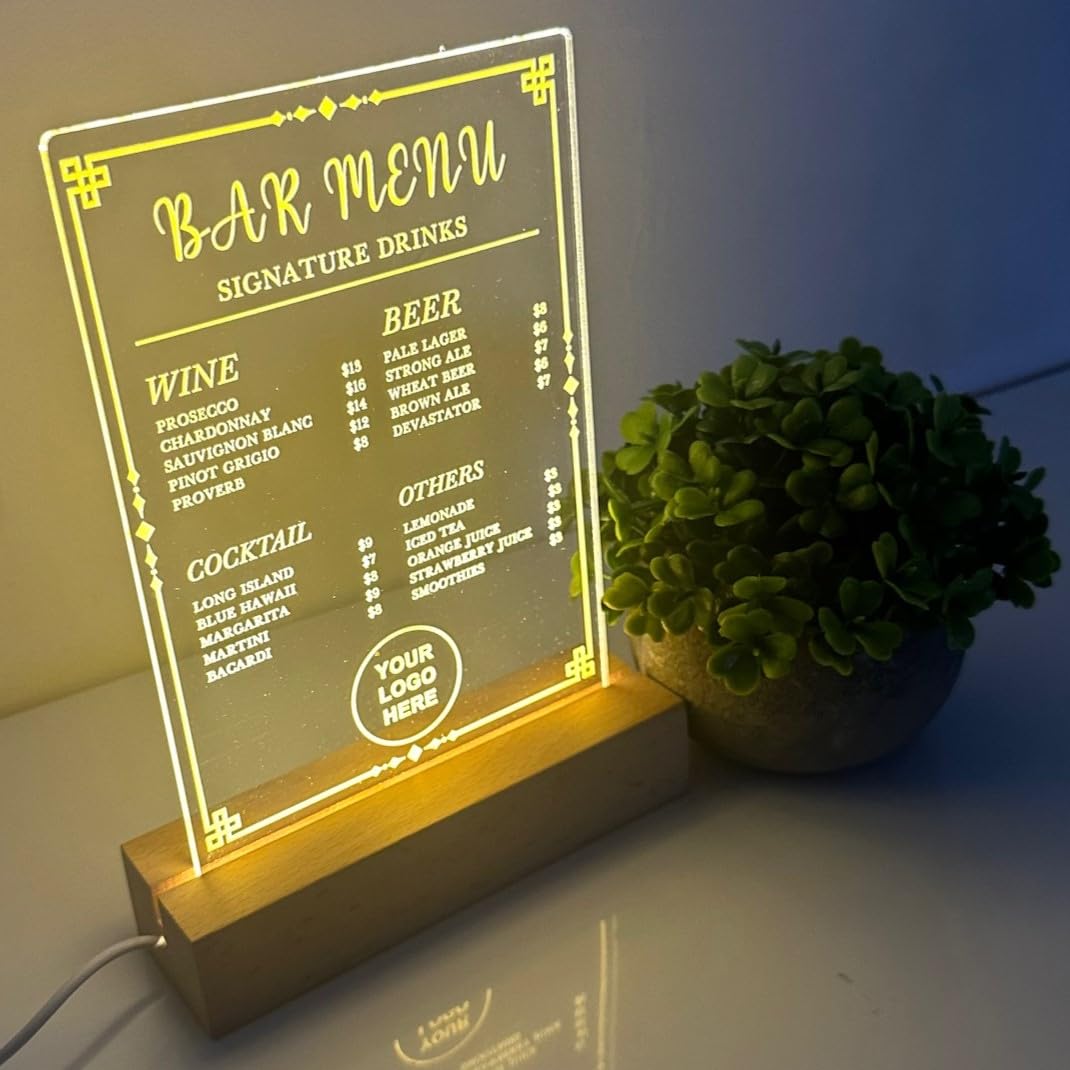 Custom Menu - Bar Restaurant Price Listing with Company Logo Image Drinks Food Menu Light Up Wood Base LED Personalized Free, Home Bar Room Man Cave Club Menu, Custom Made in America!