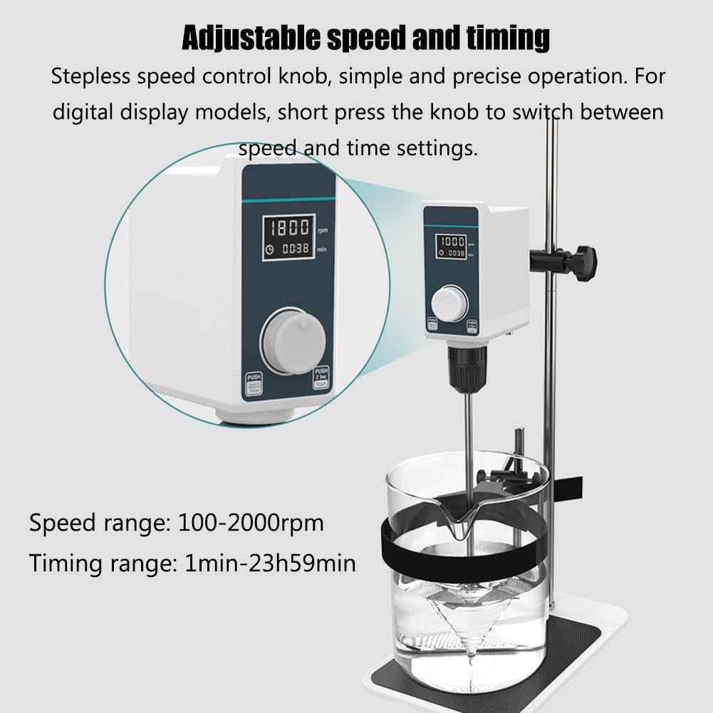 Lab Stirrer, LED Digital Overhead Stirrer, Adjustable Speed and Timable, Max 10L Stirring Capacity, 1000-2000RPM, 8000 MPas, for Coatings, Pulp, Cosmetics, Viscous Liquid