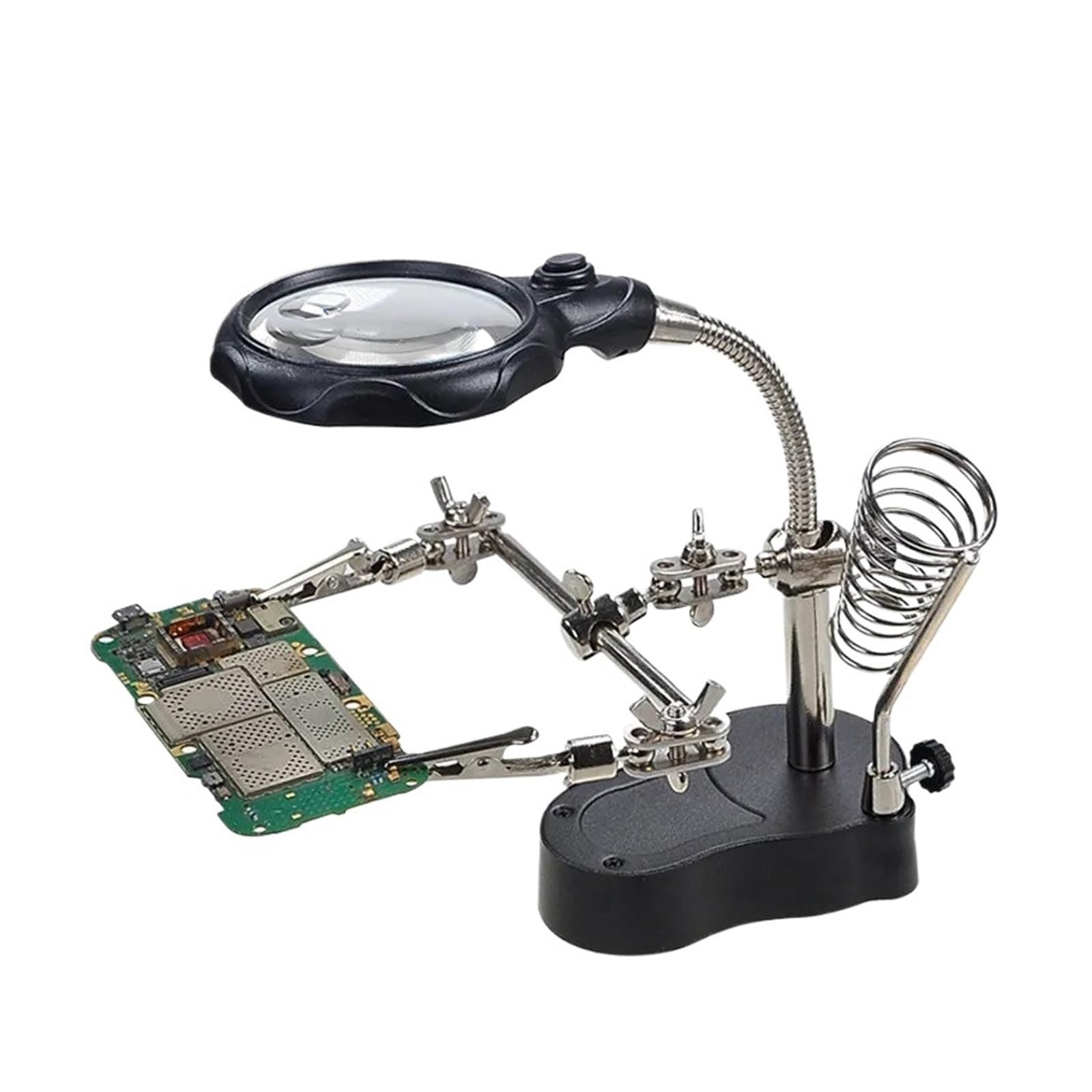Saldatura Terza Mano Strumento, Lente d'Ingrandimento 3,5X 12X, Supporto for Saldatore Helping Hands con 2 Morsetti a Coccodrillo e Torcia USB