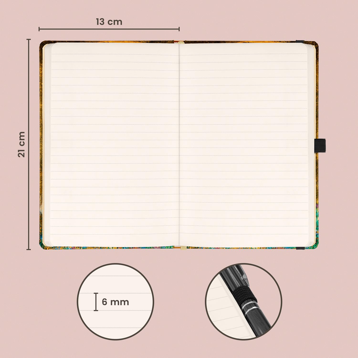 NOTIQUE Taccuino A5 13x21 cm con pagine a righe e elastico, copertina rigida design Gustav Klimt