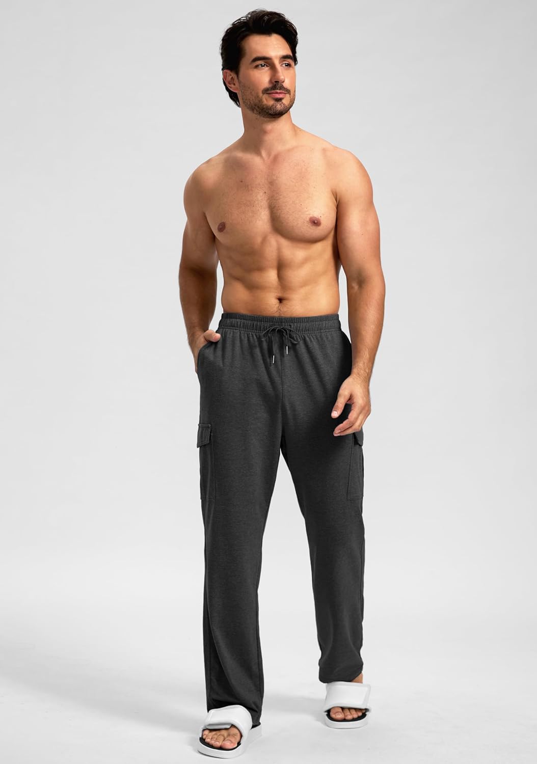 Pudolla Men's Cotton Sweatpants with Cargo Pockets Open Bottom Yoga Pants for Men Lounge Pants for Athletic Workout Casual