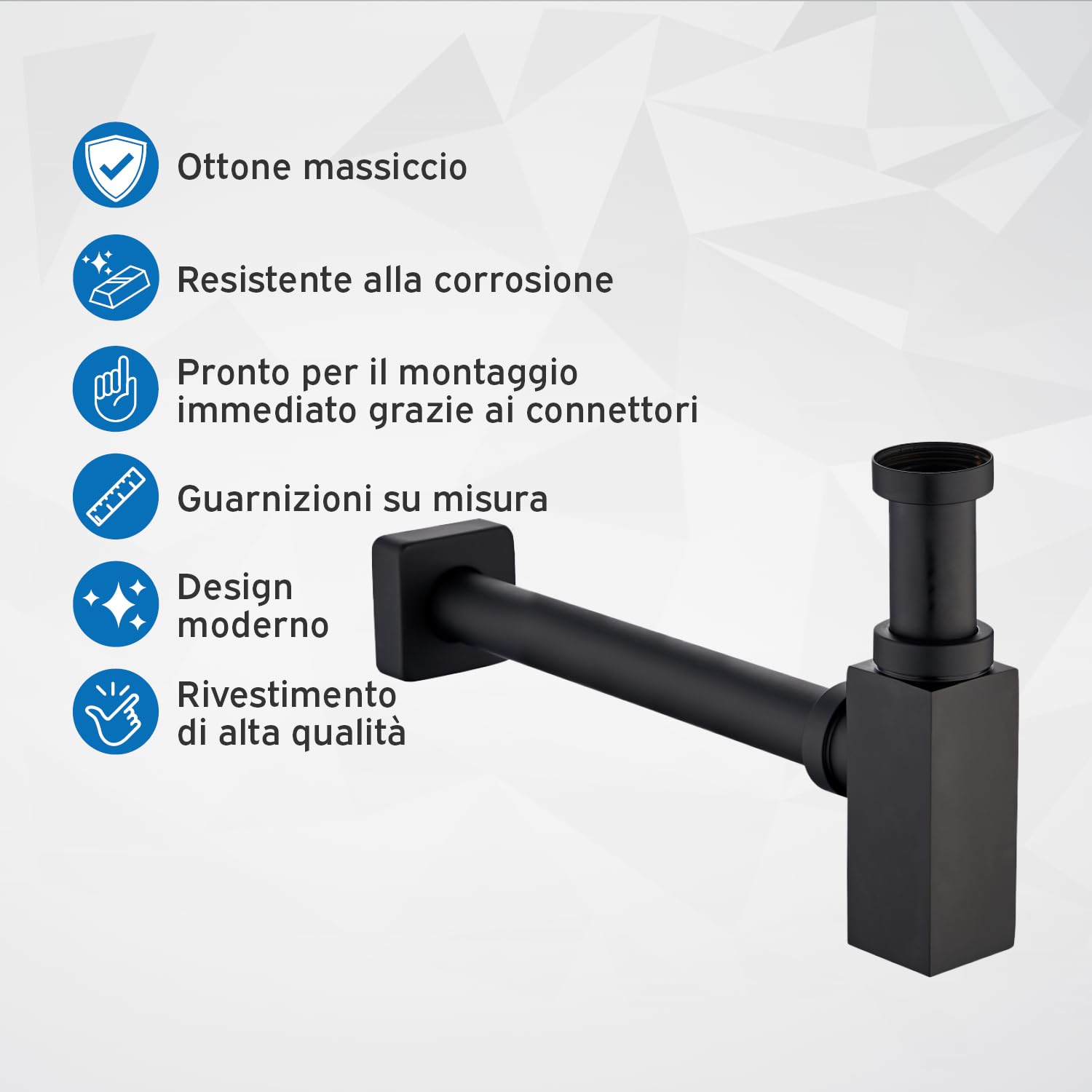 kör4u Sifone 1 1/4" x 32 mm, quadrato, nero opaco, con guarnizioni e rosetta