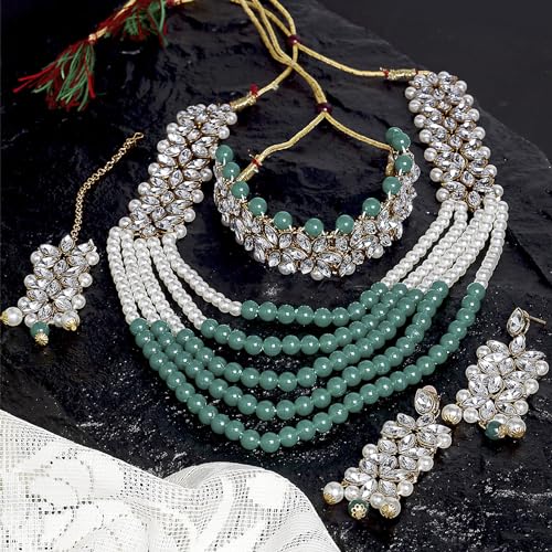 Best maang tikka designs for women bridal set — ZENEME gold plated kundan rani haar choker earrings and tikka set