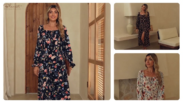 BLENCOT Casual Womens Square Neck Long Sleeve Split Thigh Dress Boho Floral  Print Flowy Tie Front Midi Dresses Black Blue S at Amazon Women's Clothing  store