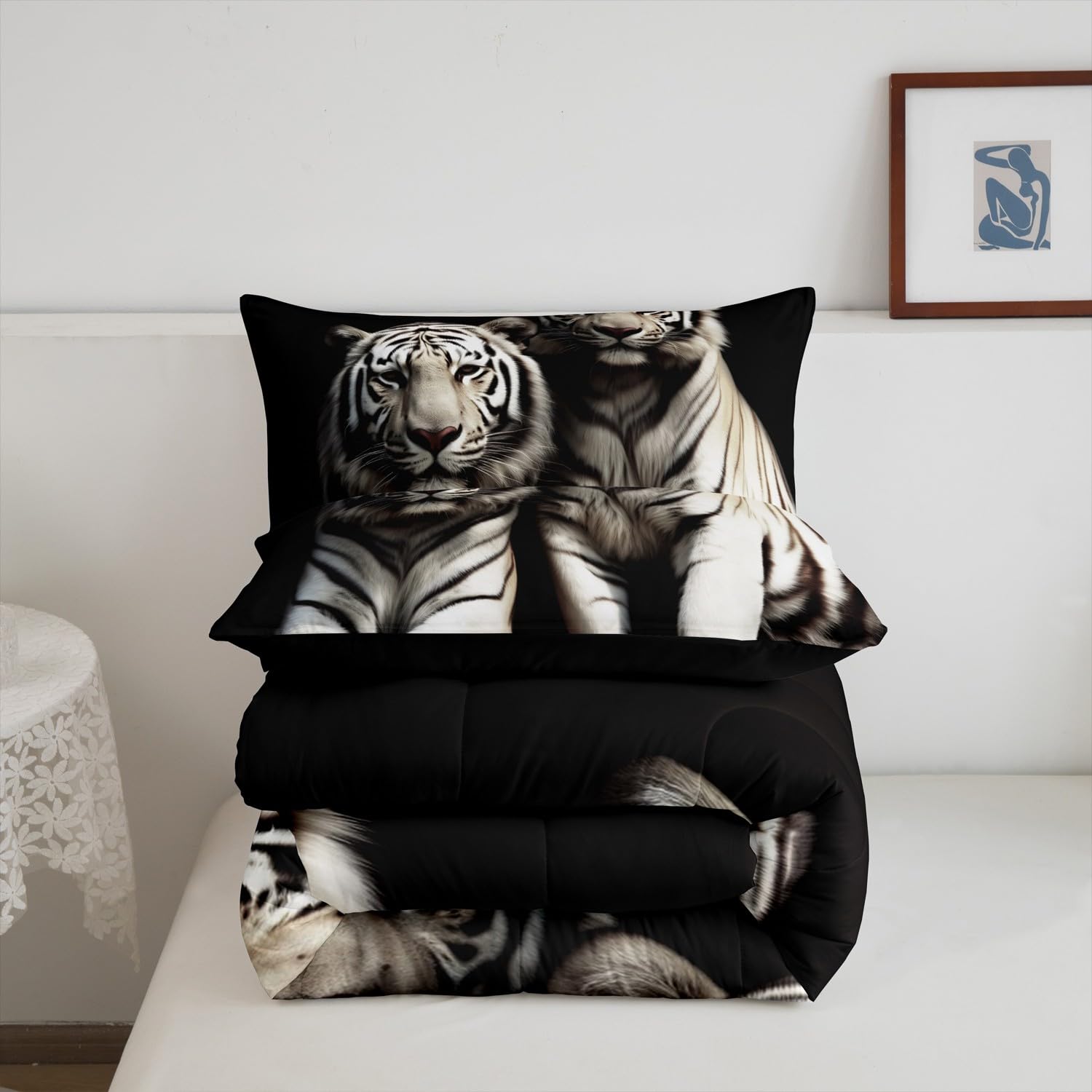Erosebridal Parure de lit matelassée à motif de tigre blanc pour enfants, garçons, filles, adolescents et adultes, motif à rayures grises et noires pour grand lit