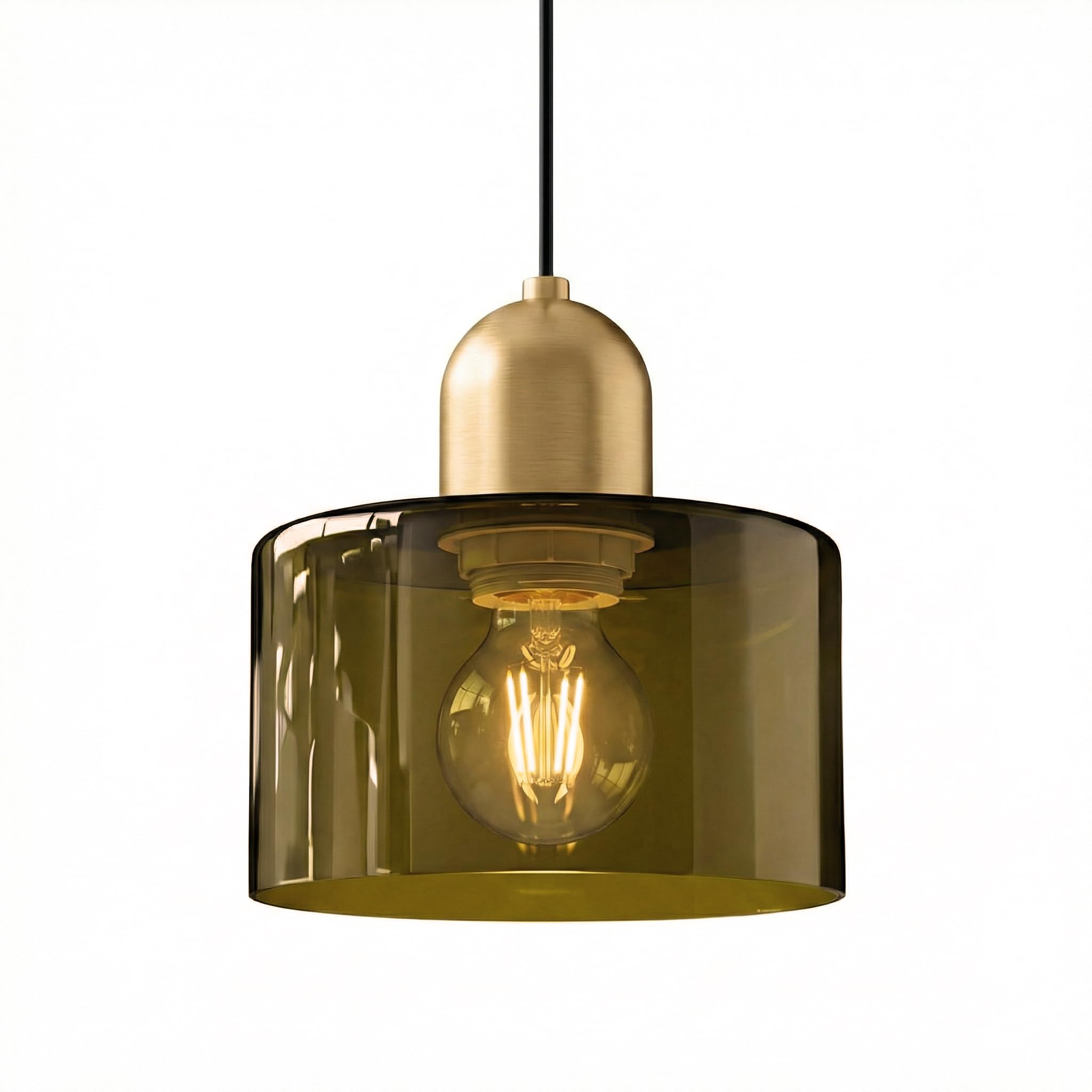 Lfsem Olive 20Cm Round Glass Pendant Light For Dining Room & Bedroom, Gold Metal E27 Pendant Ceiling Light Fixture For Kitchen Island & Living Room, Modern Retro Style (Olive)