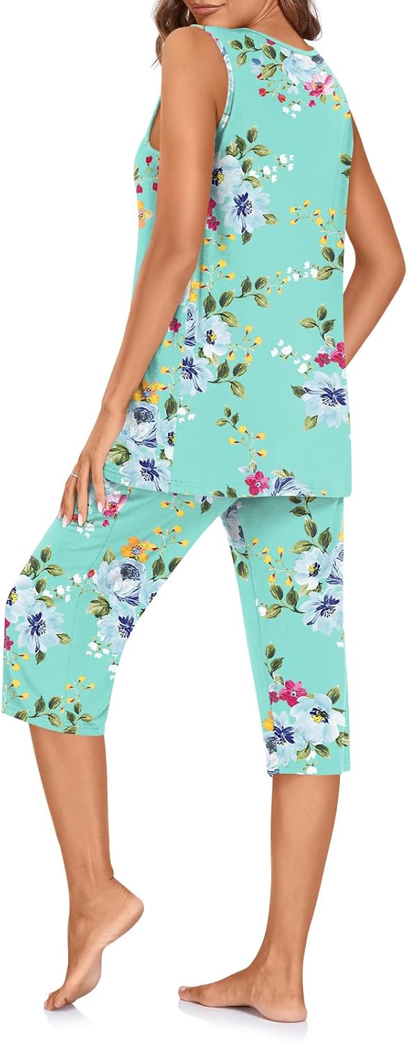 TAOHUADAO Women's Pajamas Set with Pockets, Lounge Capri Pants with Sleeveless Top, Ladies Sleepwear Plus Size Pjs Set - Image 3