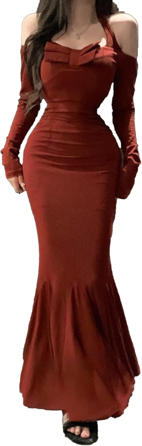 Women's Strap Bodycon Solid Formal Dress Ruched Off Shoulder Maxi Outfit Sexy Elegant Chritmas Cocktail Dresses