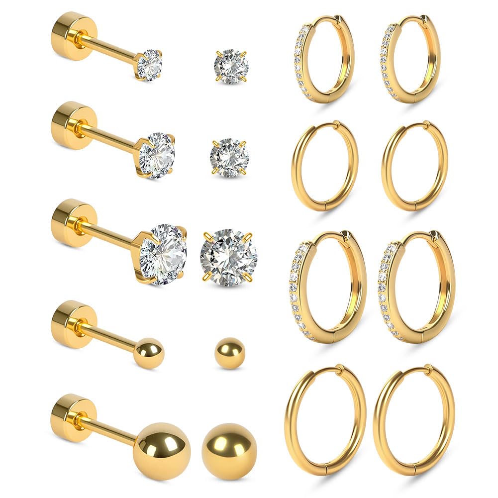 Vicloon Orecchini Acciaio Chirurgico, 9 Paia Set di Orecchini a Bottonecon Retro Piatto Orecchini a Cerchio Cartilagine Ipoallergenica Cartilagine Helix Piercing Orecchio Set Orecchini Donna