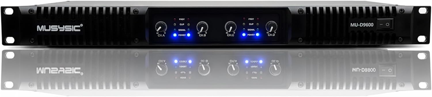 MUSYSIC Professional 4-Channel Amplifier – 2x9600 Watts D-Class 1U Power Amp MU-D9600 High Performance Amplifier with Stereo & Bridge Power for Professional Use in Concerts & Functions and at Home