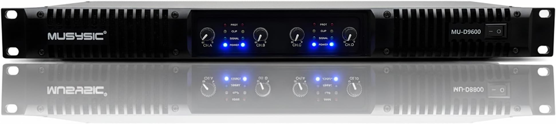 Professional 4-Channel Amplifier – 2x9600 Watts D-Class 1U Power Amp MU-D9600 High Performance Amplifier with Stereo & Bridge Power for Professional Use in Concerts & Functions and at Home