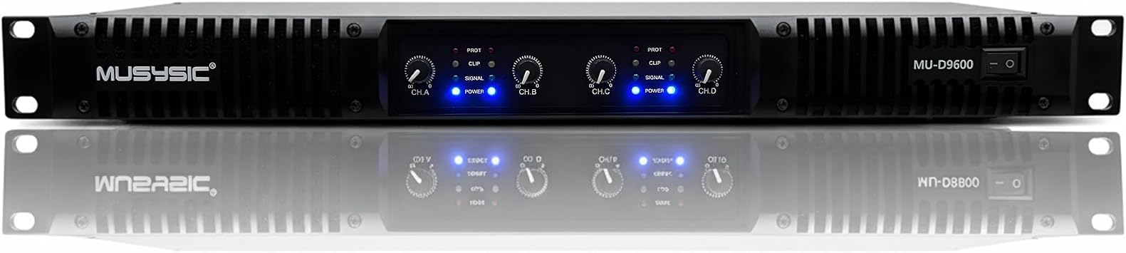 MUSYSIC Professional 4-Channel Amplifier 2x9600 Watts D-Class 1U Power Amp MU-D9600 High Performance Amplifier with Stereo & Bridge Power for Professional Use in Concerts & Functions and at Home