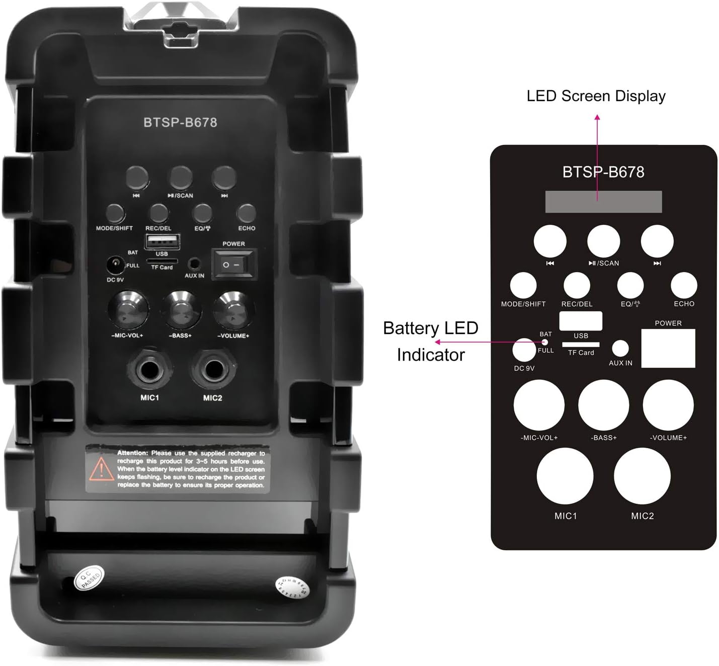 NEM Mobi7e Portable Wireless Bluetooth High Performance Stereo Speaker Extra Bass, USB Recording, Rechargeable Battery, AUX and TF Card Input, FM Radio, MP3, Mic and Guitar Input, LED Lights (Black)