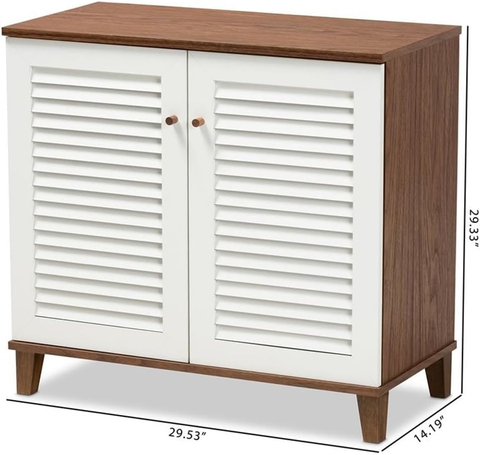 BOWERY HILL Modern 2 Doors Shoe Cabinet, 12 Pairs Shoe Rack Storage Organizer in White and Walnut Finish