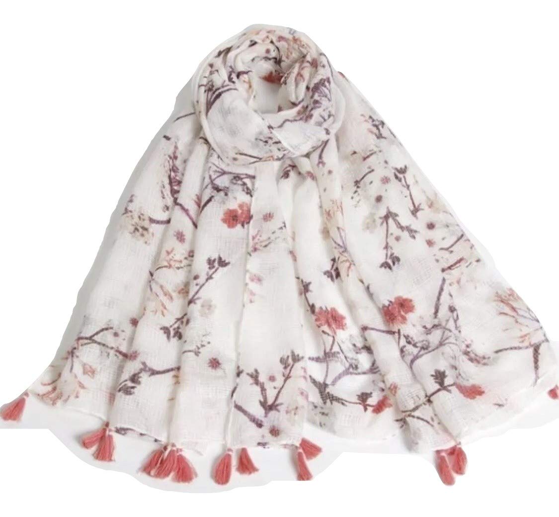 Shayan Women's Printed Viscose Comfortable Scarf Wrap Shawl Hijab Fashionable Lightweight With Tassels (WHITE & PEACH)