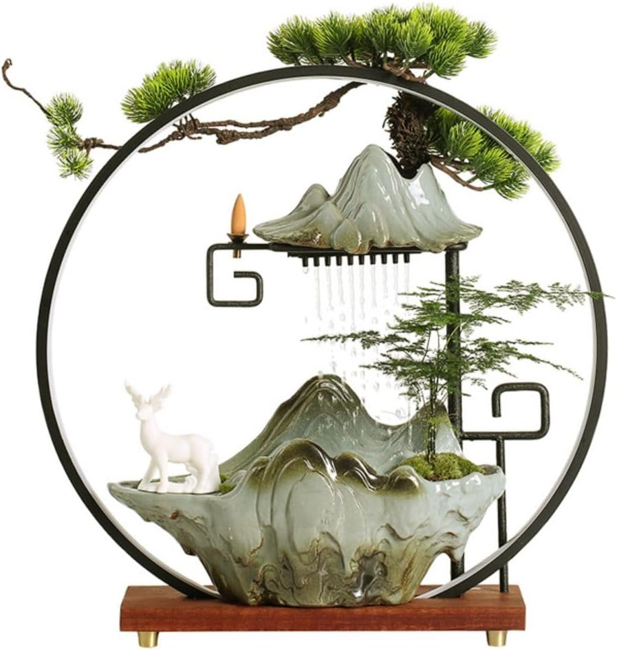 招财 Ceramic Tabletop Fountain/流水器摆件/Indoor Outdoor Portable Tabletop Decorative/Feng Shui Ornament for Bringing Wealth/喷泉客厅办公室创意中式循环陶瓷桌面家居开业礼品(YF-大号雨帘流水摆件 白瓷招财弥勒)