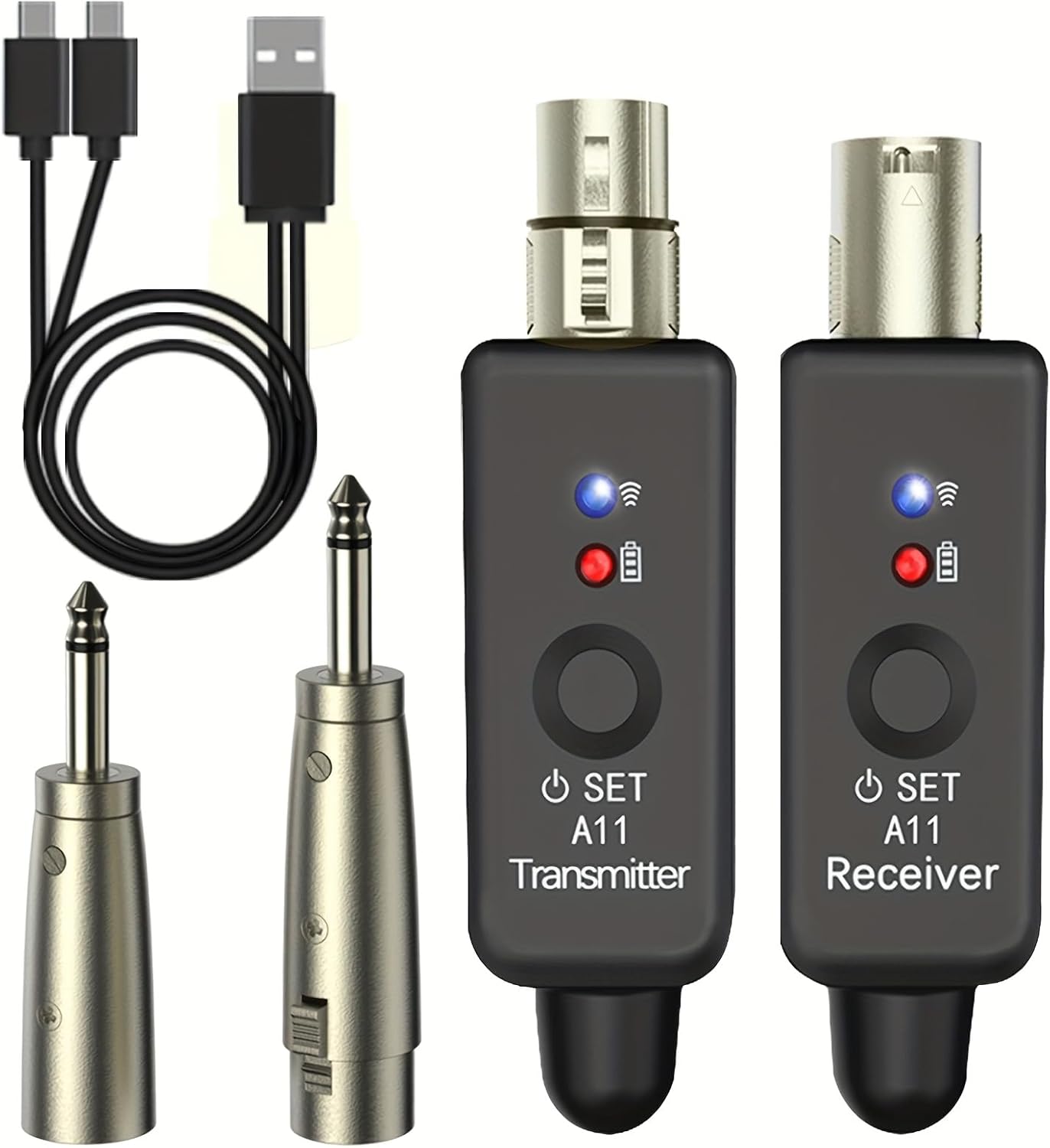 A11 Wireless Microphone Transmitter Receiver 4 Channels Plug-on XLR Mic Adapter Wireless Microphone System for Dynamic/Condenser Mics, Audio Mixer, DSLR Camera,PA System (1TX + 1RX)