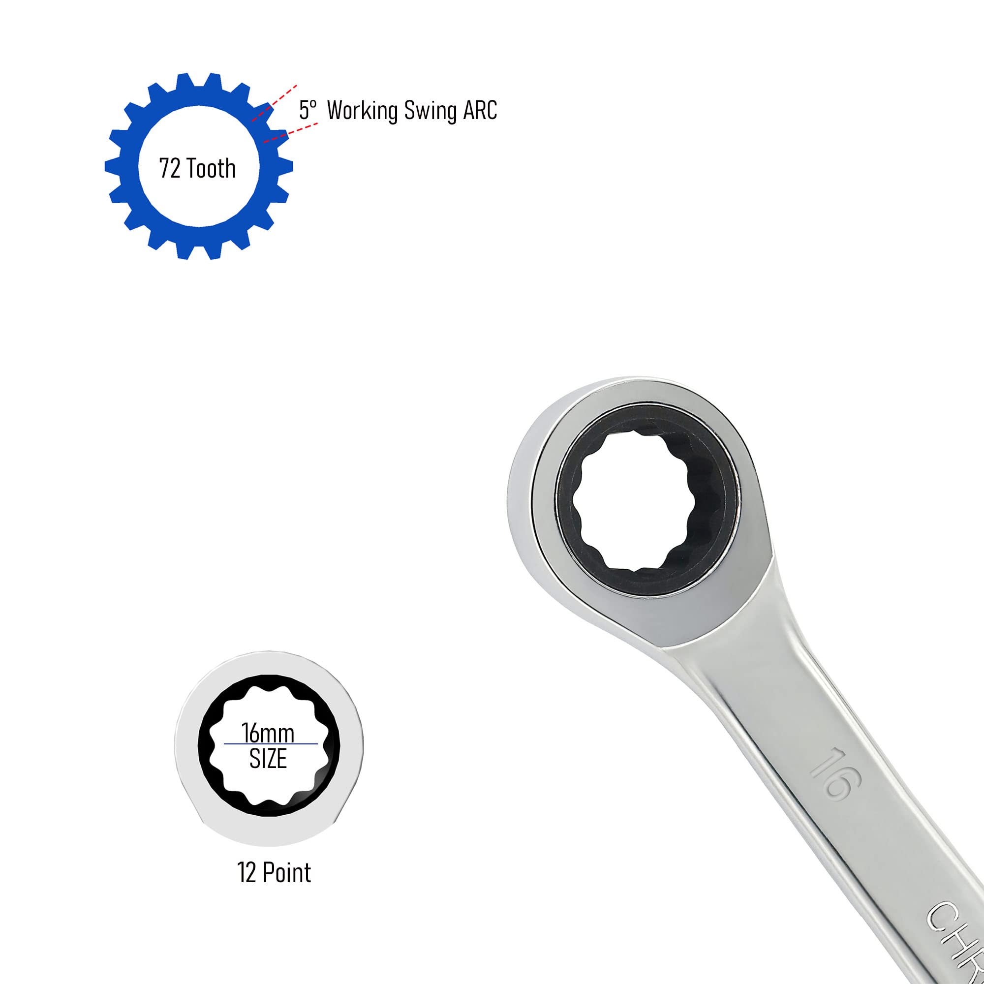 FOCMKEAS Double Box End Ratcheting Wrench 16mm x 18mm Metric 72 Teeth 12 Point Ratchet Gear Spanner Tools, Heat-Treated CR-V - Image 3