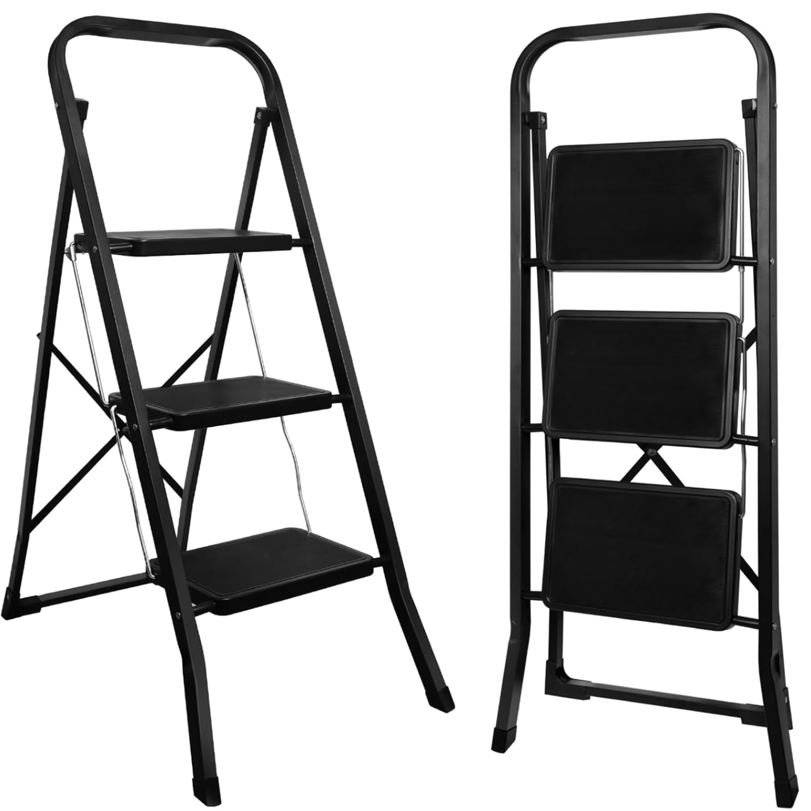 Échelle Pliable 3 Marches Escabeau Pliante Antidérapante, Noir | Capacité Max 150kg, Acier Robuste, Intérieur Extérieur, Escabeaux 3-Level