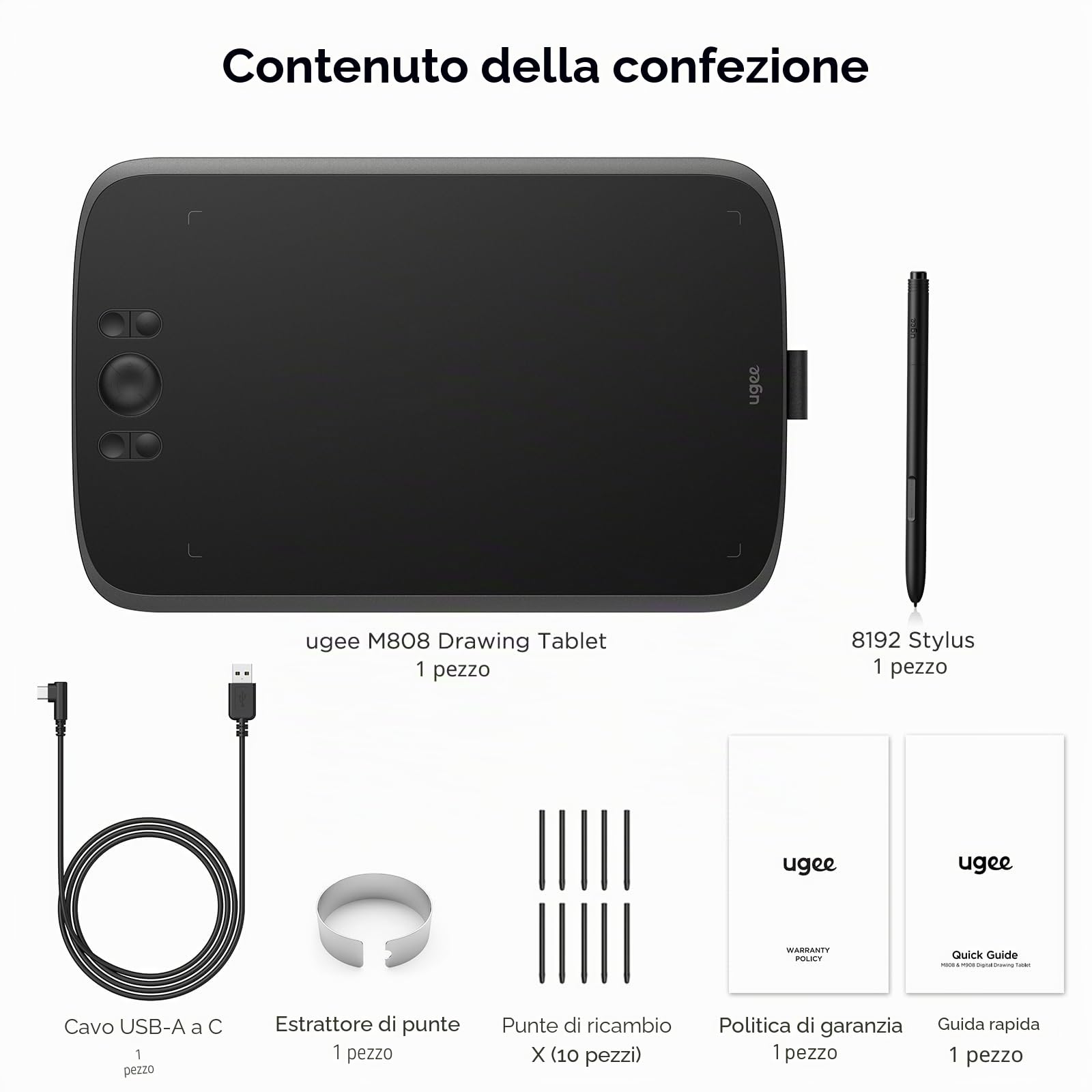 UGEE Upgrade M808 tabletta da disegno da 10 x 6,25 pollici, tavoletta grafica con 8 tasti rapidi, stilo senza batteria con sensibilità alla pressione a 8192 livelli, tavoletta da disegno compatibile