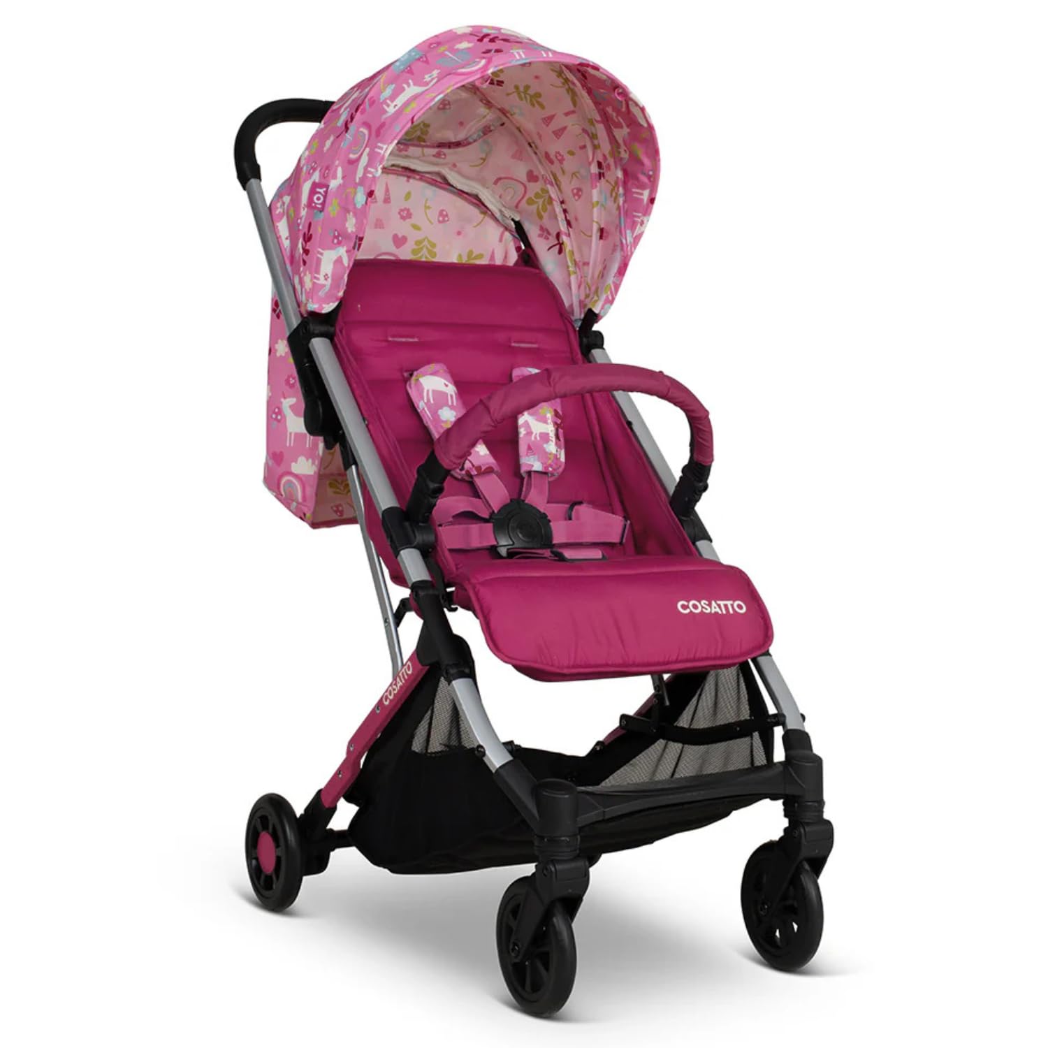 Cosatto Yo Small Compact Stroller - Baby Pushchair Lightweight Compact Fold from Birth to 25kg - Airline Compliant, One Hand Easy Fold, Large 8kg Shopping Basket, Raincover (Happy Unicorns)