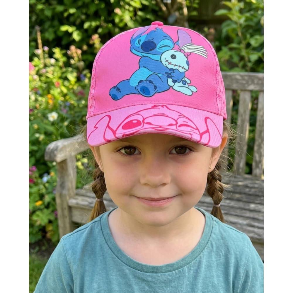 Cappellino Stitch Bambina con Visiera Berretto Rosa 100% Poliestere Protezione Solare UPF 30+ Regolabile Disney Stitch