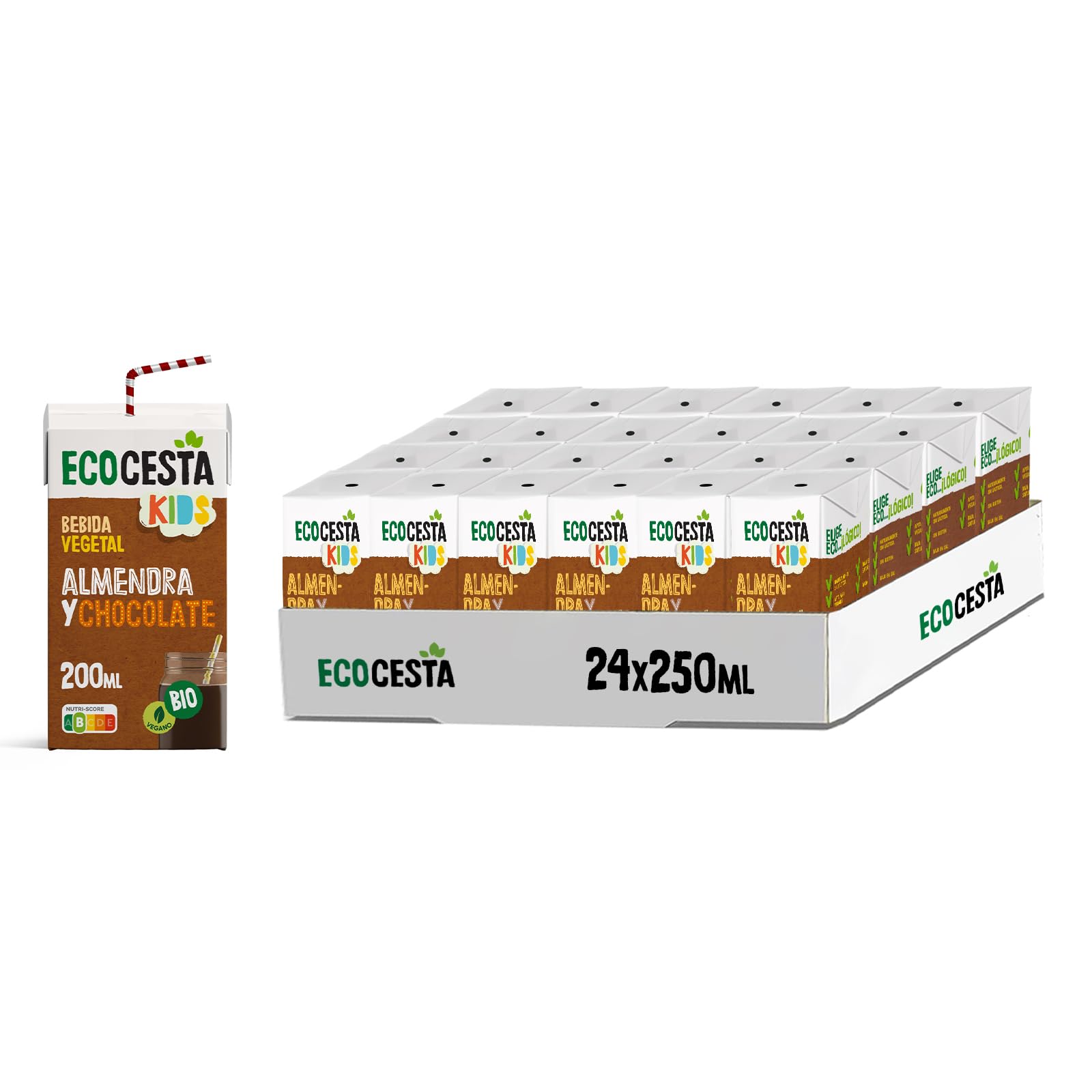 ECOCESTA Bebida Ecológica Vegetal de Almendra y Chocolate 200 ml Pack 24 Unidades