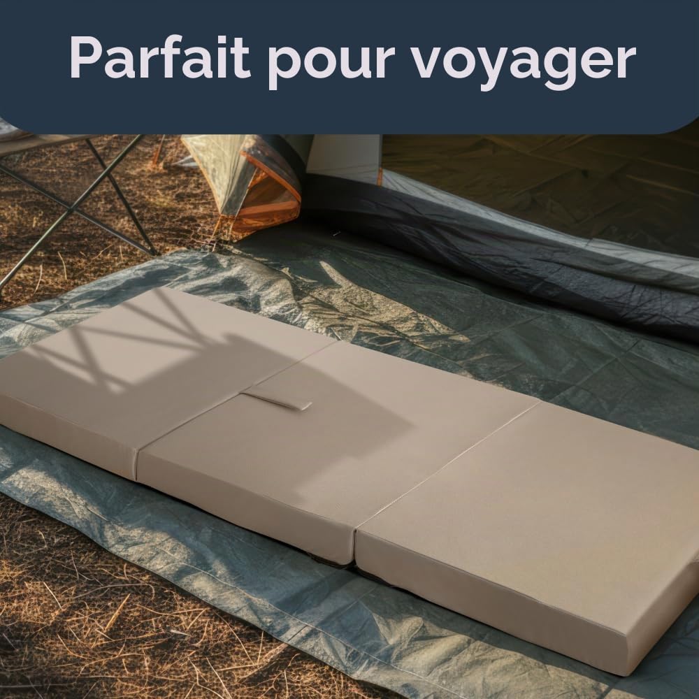 Matelas imperméable Pliable 3 pièces, Matelas de Camping, Matelas d'invités, Matelas de Sol, Matelas de Voyage, 60 x 200 x 10 cm (Beige)