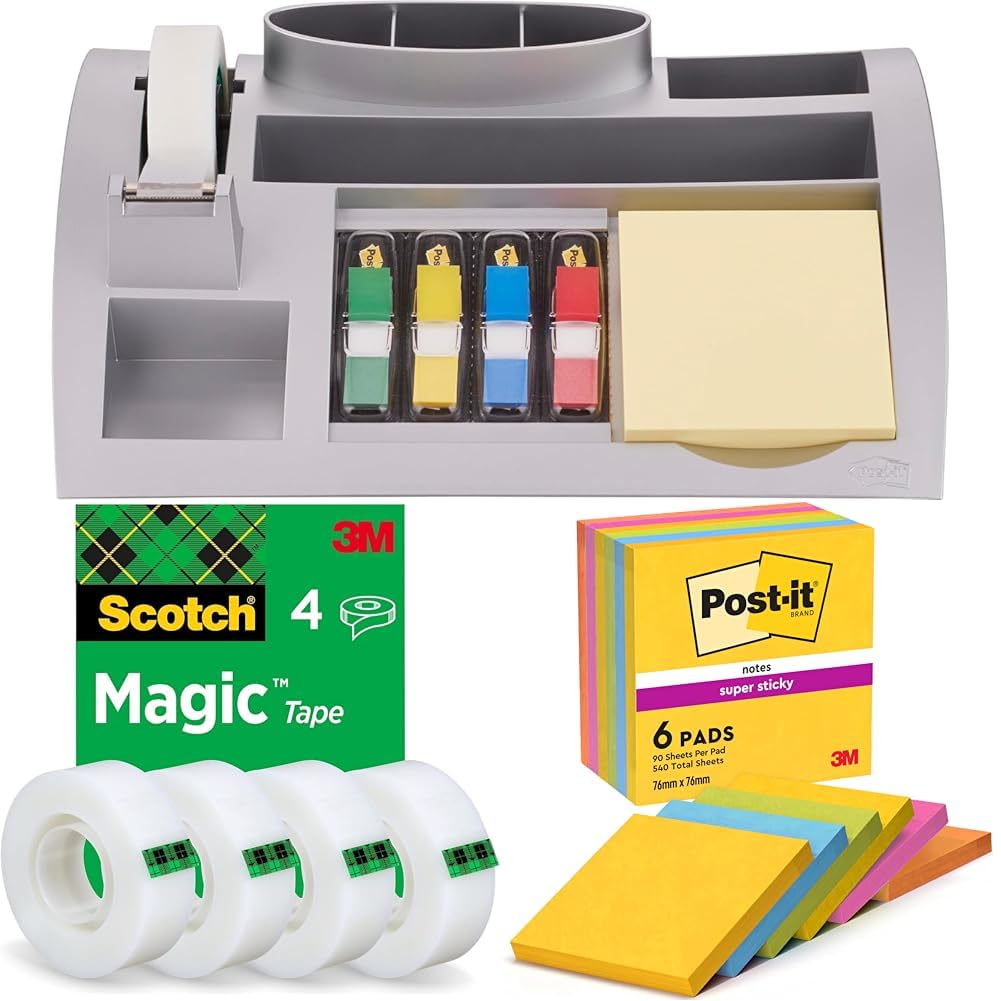 Post-It Organizer da Scrivania - 1x Organizer precaricato con cancelleria e forniture + Nastro Scotch Magic, 4 Rotoli di Note Super Sticky, 6 Blocchi, Giallo, Blu, Verde, Rosa, Arancione