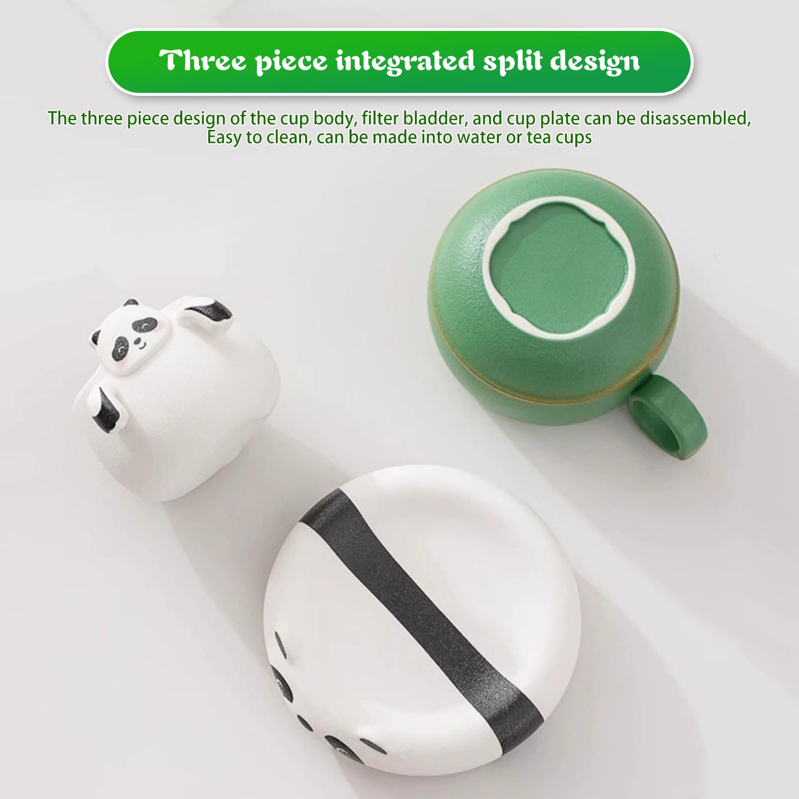 OHAANYY Juego de tazas de té de panda, taza de té y café de cerámica con colador, platillo y cuchara, divertida taza de animales con separador de té, 240 ml, regalo creativo para mujeres (verde y
