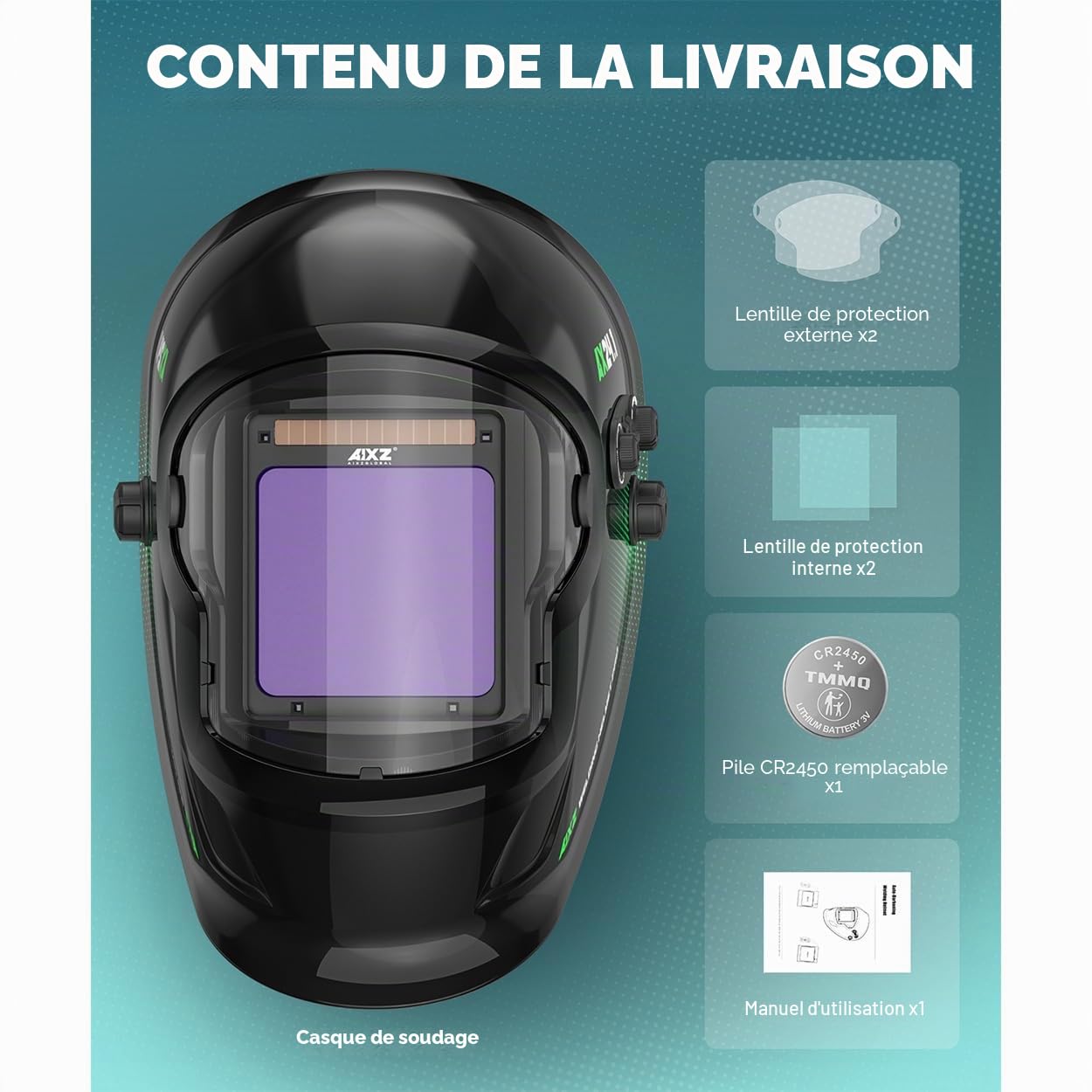 Casque de soudage AIXZ True Color, Classe Optique 1/1/1/2, Champ de Vision Optimal 9,9 x 9,7 cm, obscurcissement Automatique avec 4 capteurs d'arc (4-5/5-9/9-13) pour Masques de soudage MIG/TIG/MMA