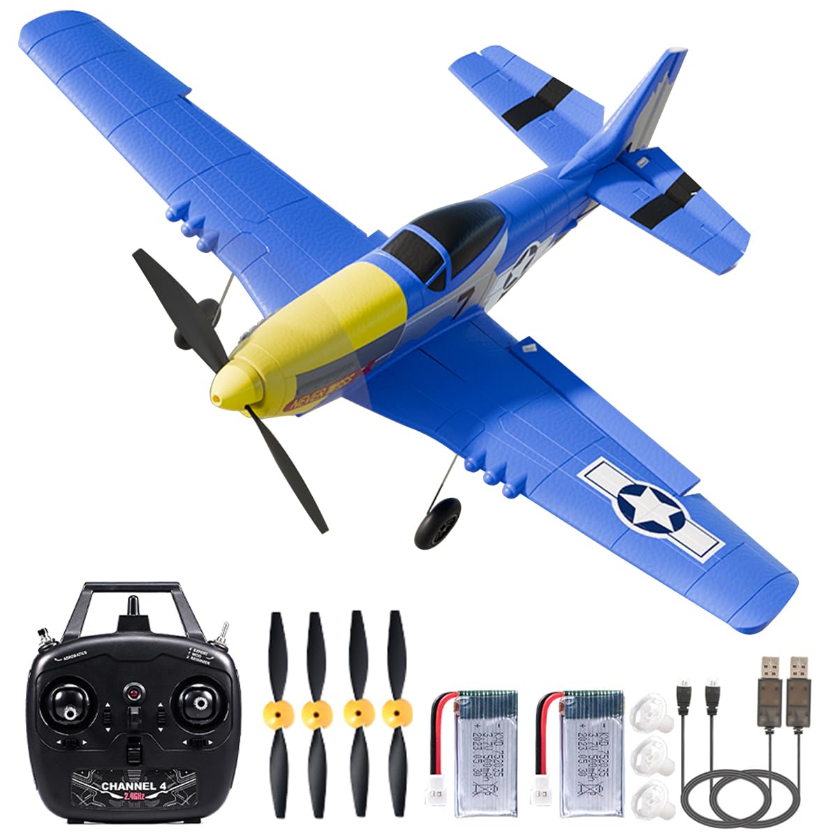 RC Plane, Remote Control Airplane 2.4GHZ with 6-Axis Gyro Stabilizer for Adults Beginners Boys Birthday/Xmas Gift (4CH-P51B Razorback)