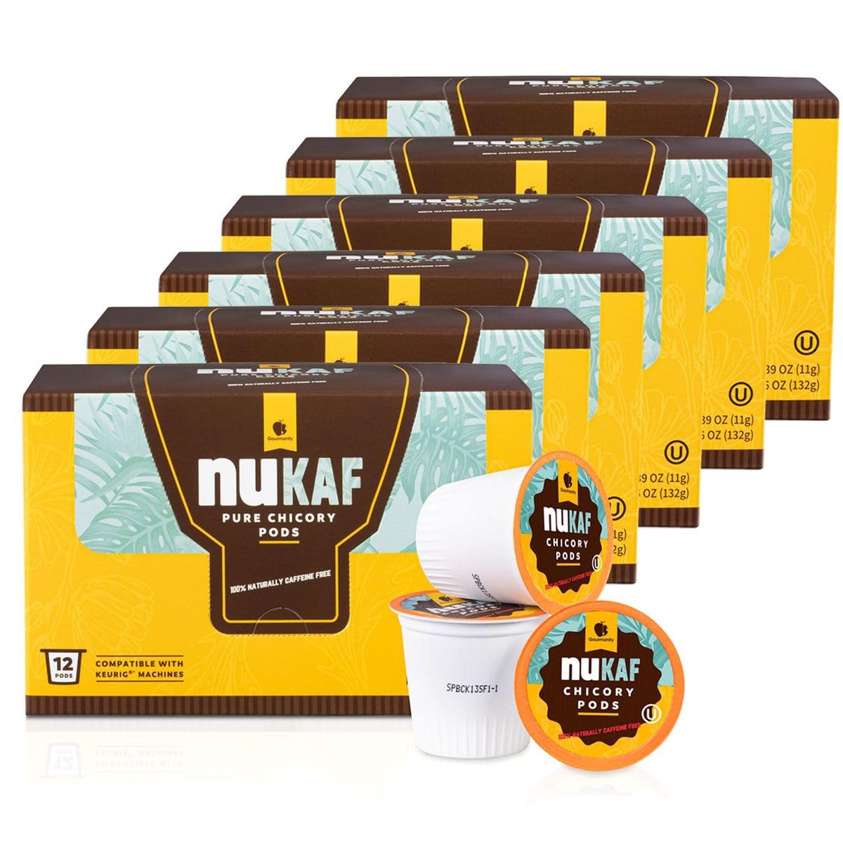 nuKAF Chicory Coffee K Cups, 100% Caffeine Free Coffee Alternative, All Natural K Pods for your Keurig, Great for Your Daily Drink, Rich in Prebiotics, Kosher, by Gourmanity (6 boxes of 12 pods each - 72 total pods)