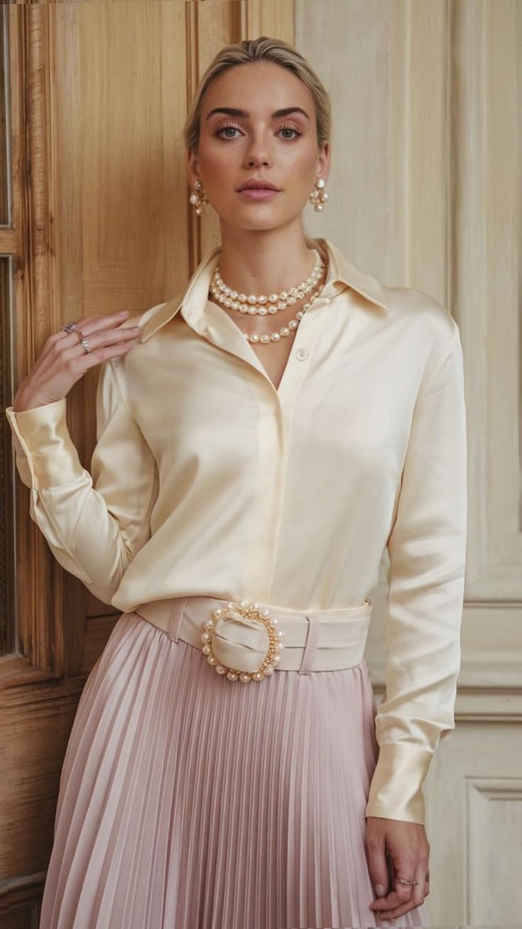 Zeagoo Chemisier Femme Satin Élégante Blouse à col en V Soie Chemise S-XXL | Manches Longues Chemisiers et Blouses | Business Shirts Top | Silk Chemisier