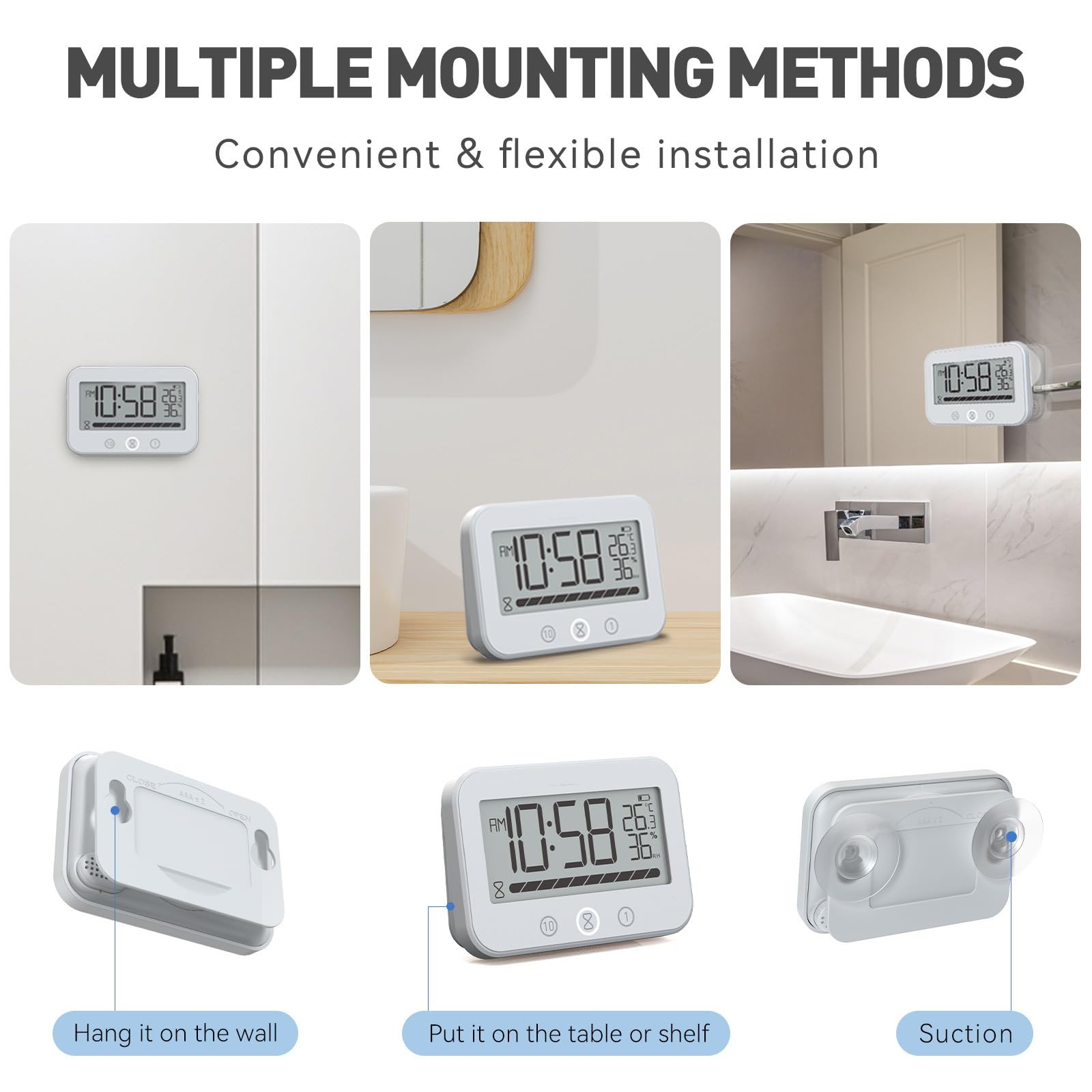 REDYY Multifunctional Shower Clock Bathroom Clock with Countdown Timer, Waterproof Designs Temperature Display for Home Use