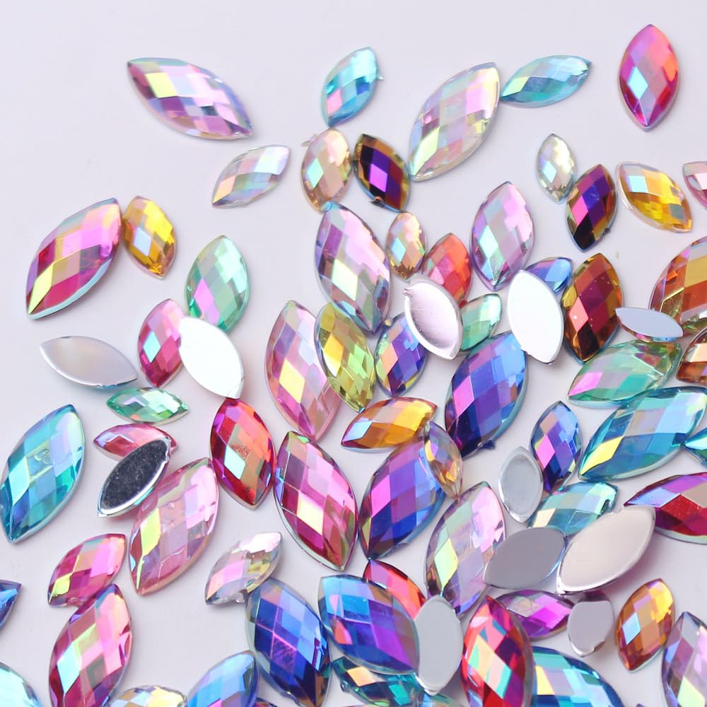 Diamantes de imitación coloridos con parte trasera plana, 900 tamaños mixtos (8 mm, 10 mm, 12 mm, 15 mm, 5 mm, 6 mm) – Ojo de caballo y formas redondas – Material de resina – Perfecto para