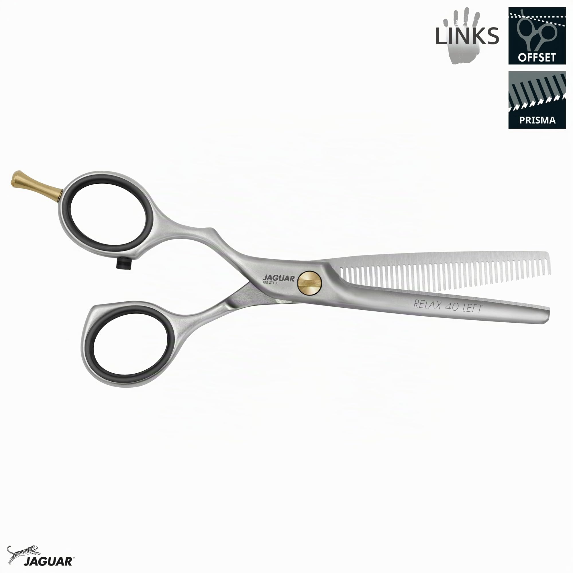 JAGUAR Modellierschere PRE STYLE RELAX 40 LEFT 5.25" | ergonomischer Griff | Solinger Spezialstahl SOLINOX | Linkshänder Texturierschere mit 40 Effilierzähnen im Offset-Design| mattiert |Made in Germany