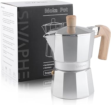Sivaphe Stovetop Coffee Maker 150ml/3 Cups, Aluminium Moka Pot Italian Espresso Maker with Heat-Resistant Handle, Sliver