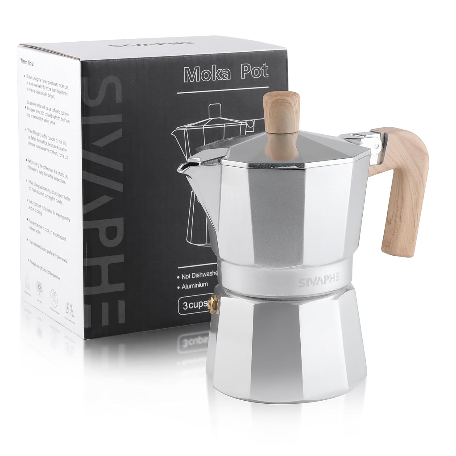 Sivaphe Aluminum Moka Pot 3 Espresso Cups Percolator Espresso and Coffee Maker Portable Stovetop Italian and Cuban Caf