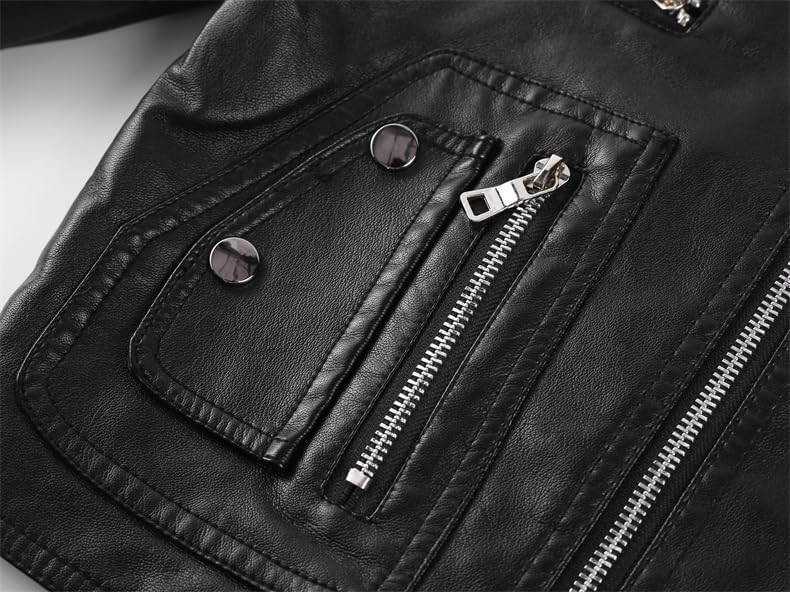 Boys Girls Trendy Stand Collar PU Leather Moto Jacket Leather Top Coat 3-12Years - Image 5