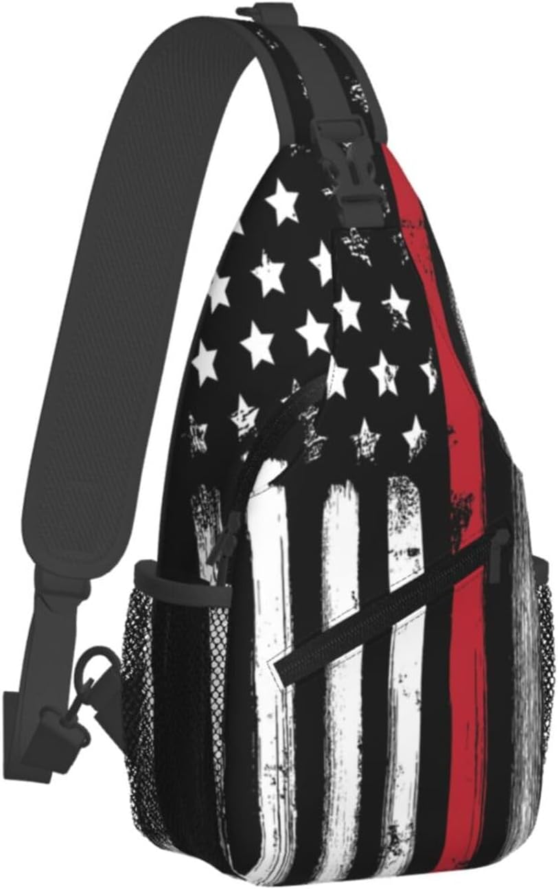 American Flag Thin Red Line Firefighter Outdoor Crossbody Shoulder Bag For Unisex Young Adult Hiking Bicycling
