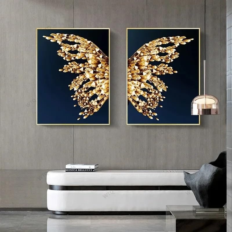 MAIMANG Klasyczny Vintage Wall Art Modern Black and Gold Butterfly Wings, plakat z nadrukiem na płótnie, wystrój sypialni do domu (20 x 30 cm x 2 / rama wewnętrzna)