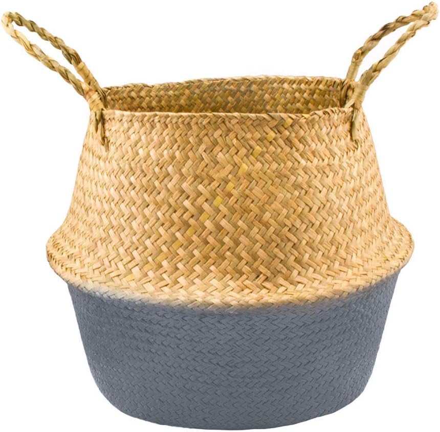 Austinstore Natural Seagrass Belly Basket with Handles Seagrass Planter for Fig Indoor Plants Grey L