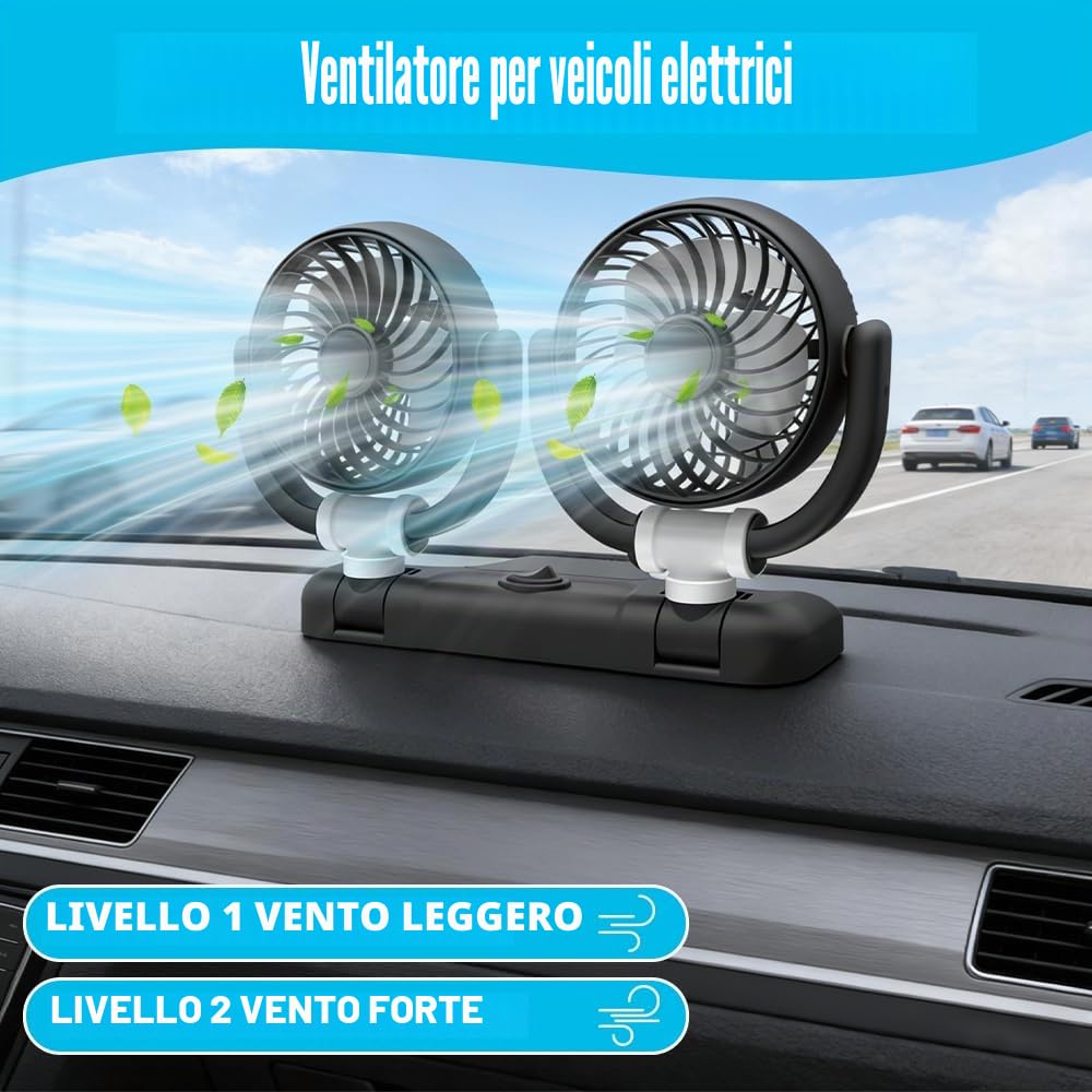 Mineup Ventilatore Auto 5V, Ventilatore Auto Doppia Testa, Ventilator 360° Ruotabile Portatile Con 2 Velocità, Alimentate Tramite Accendisigari, Per Cruscotto Aut Furgone SUV RV Barca