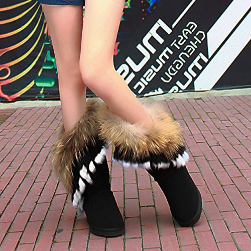Aphnus Womens Mid Calf Boots Cow Leather Fur Snow Boots Black Us7 #TOP3