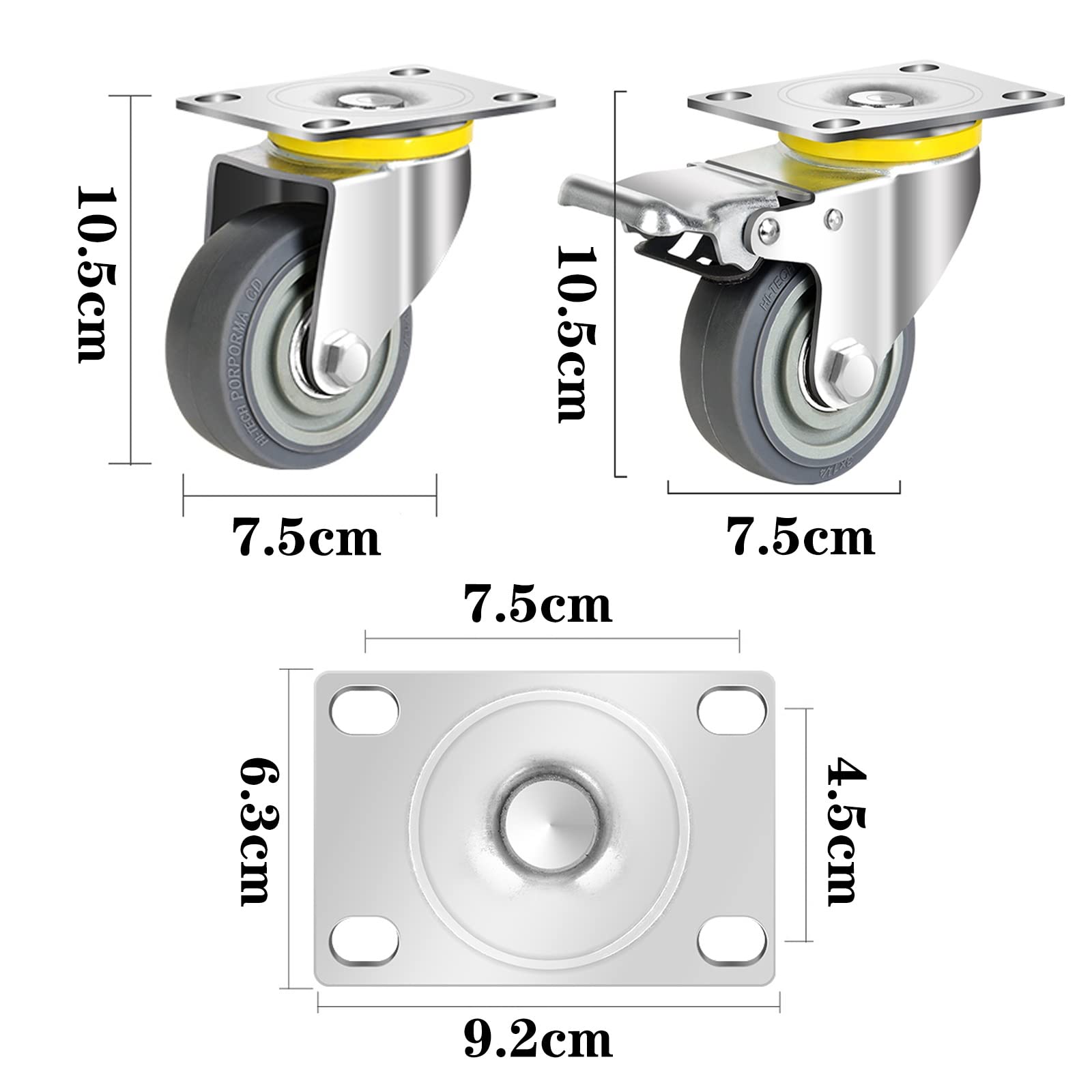 HJXGQJM Ruote Pivottanti in Gomma, Ruote Girevoli con Freno, for Carrello Ruote for Spostare Mobili Ruote Mobili Rotazione 360°, 2 Ruote Piroettanti E 2 Ruote Frenanti Rotelle girevoli(7.5cm)
