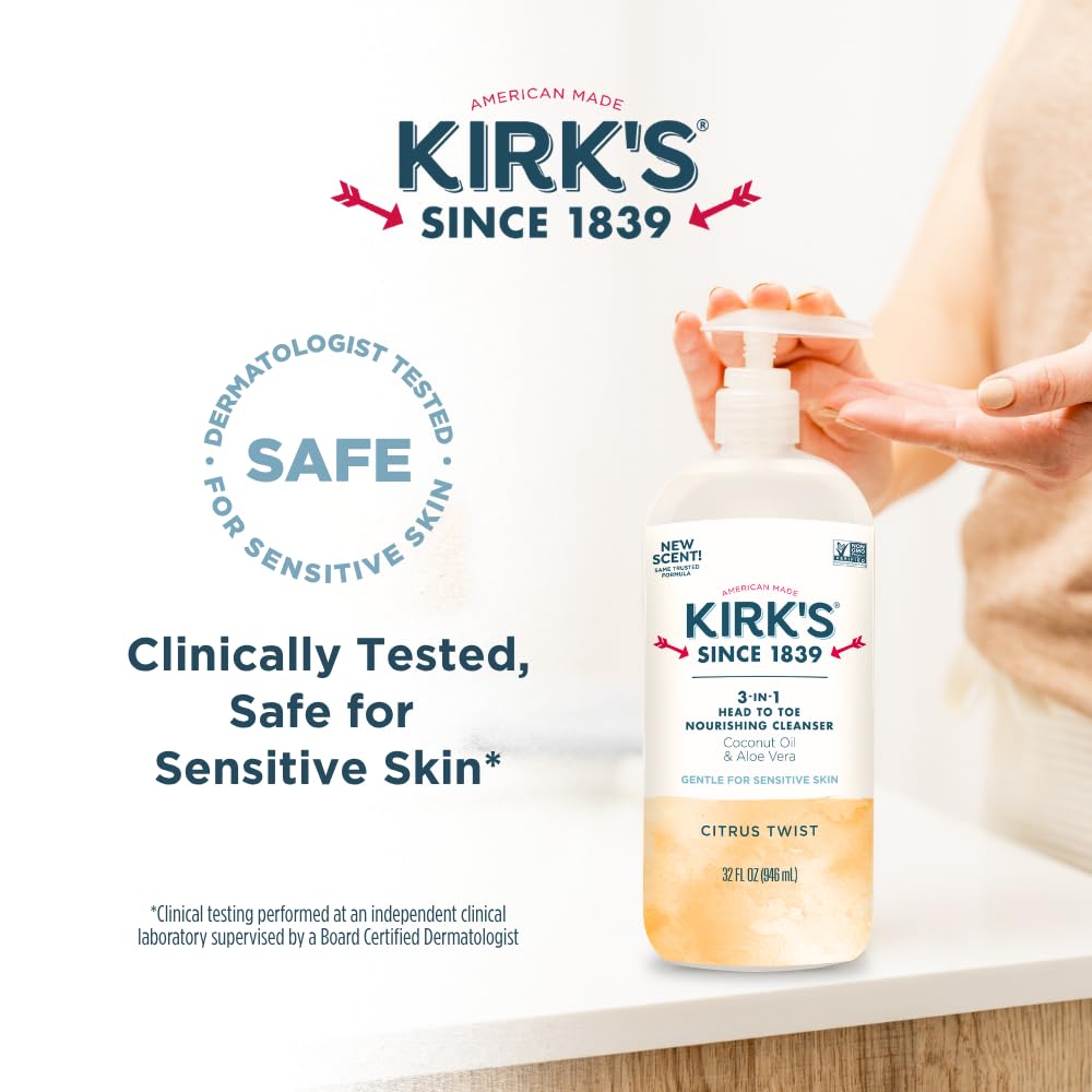 Kirk's Citrus Twist 3-in-1 Nourishing Cleanser and Travel Bar Soap, Shampoo Body Wash Bubble Bath, Coconut Oil and Aloe Vera, Vegan Non-GMO, 32 Fl Oz, Pack of 2