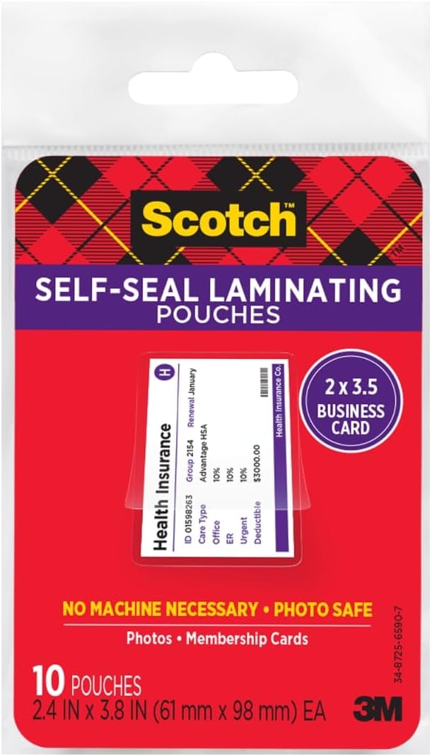 Scotch Self-Sealing Laminating Pouches, Business Card Size 2.4 in x 3.8 in, Great for Gift Tags, 10-Pack